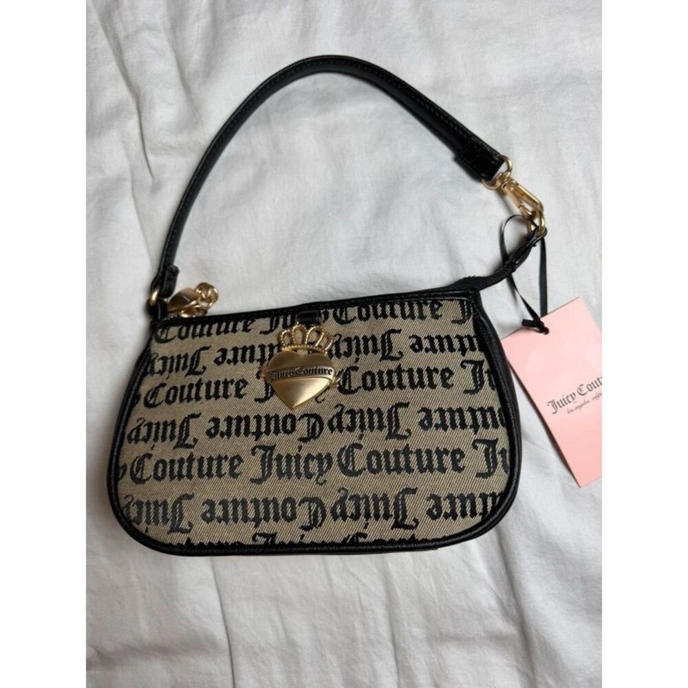 Juicy Couture Black Beige Monogram Jacquard Crown Heart Charm Shoulder B